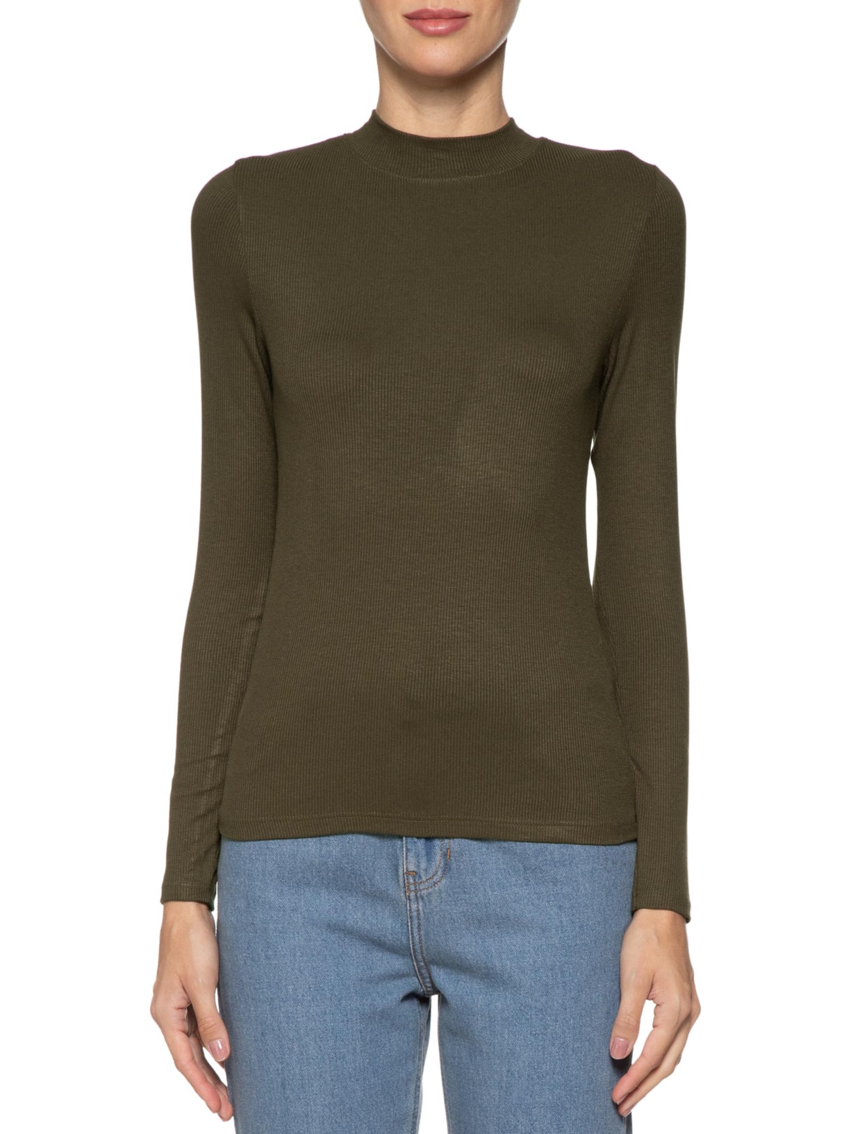 Camiseta Feminina Rib Manga Longa Verde  Shoulder