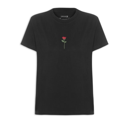 Camiseta Feminina Rosa Bordada - Preto