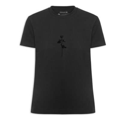 Camiseta Feminina Rosa Flocada - Preta