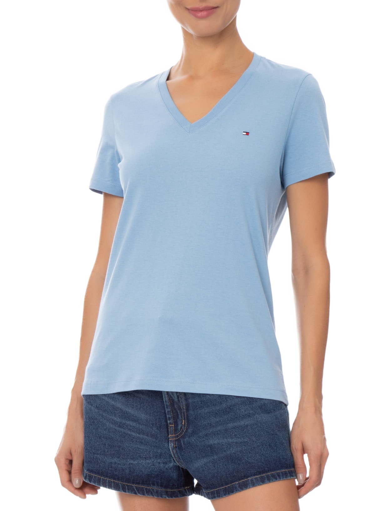 Camiseta Feminina Slim Cody V-Nk Ss Azul Tommy Hilfiger