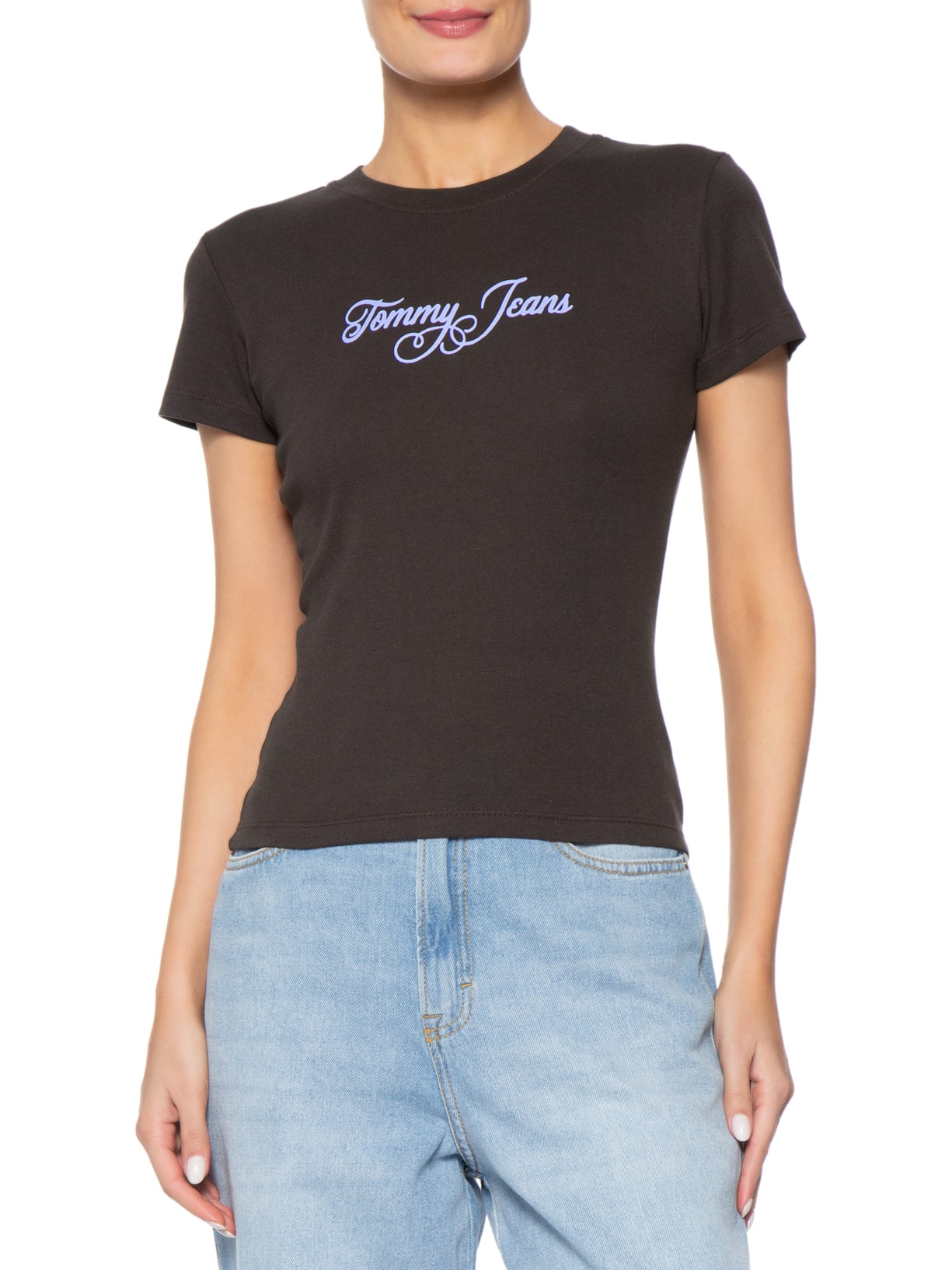 Camiseta Feminina Slim Ess Logo 1 Rib Tee – Marrom Tommy Jeans