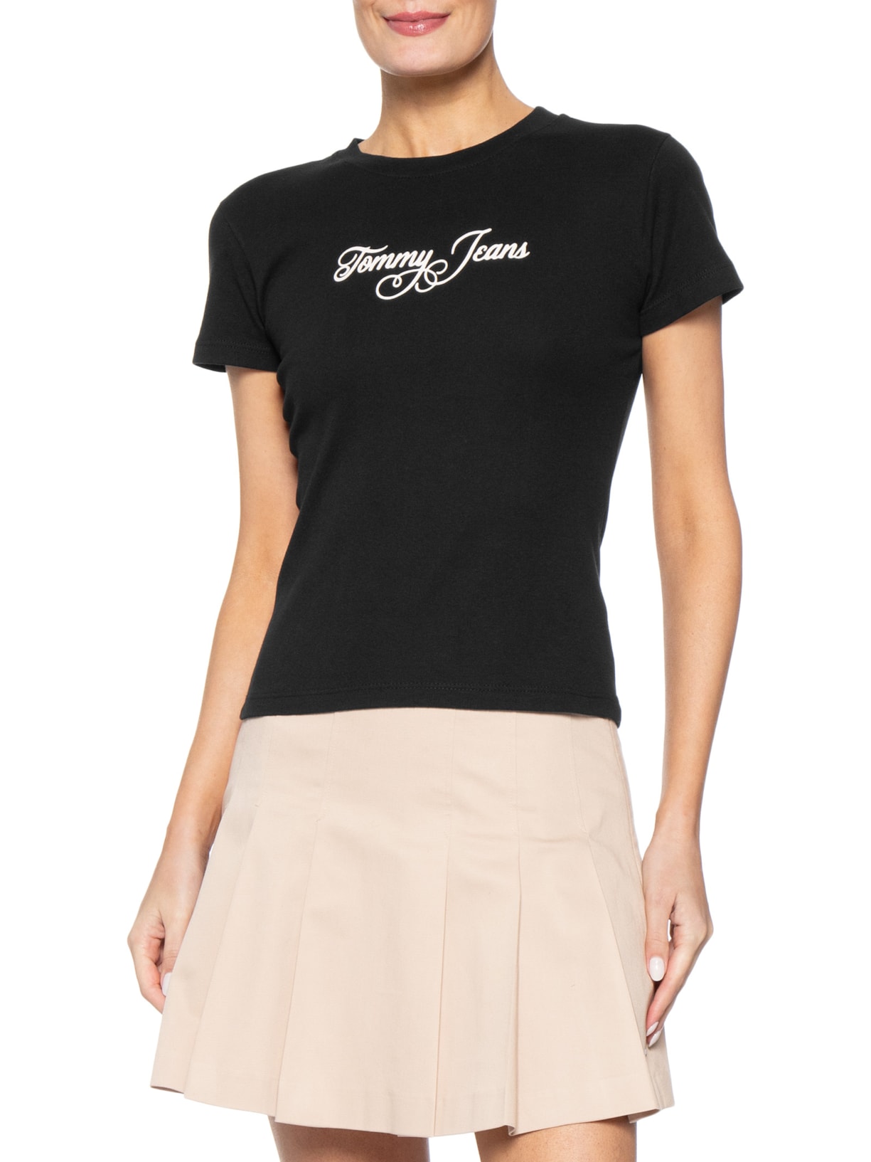 Camiseta Feminina Slim Ess Logo 1 Rib Tee – Preto Tommy Jeans