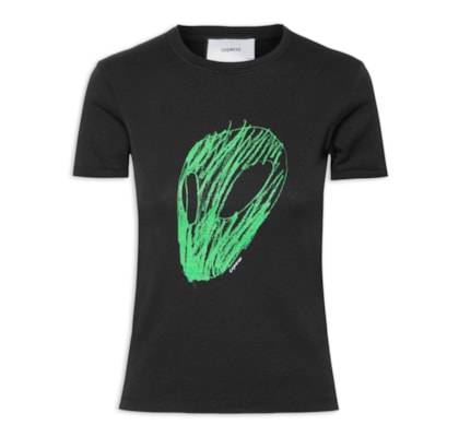 Camiseta Feminina Slim Fit Alien Head Print - Preto