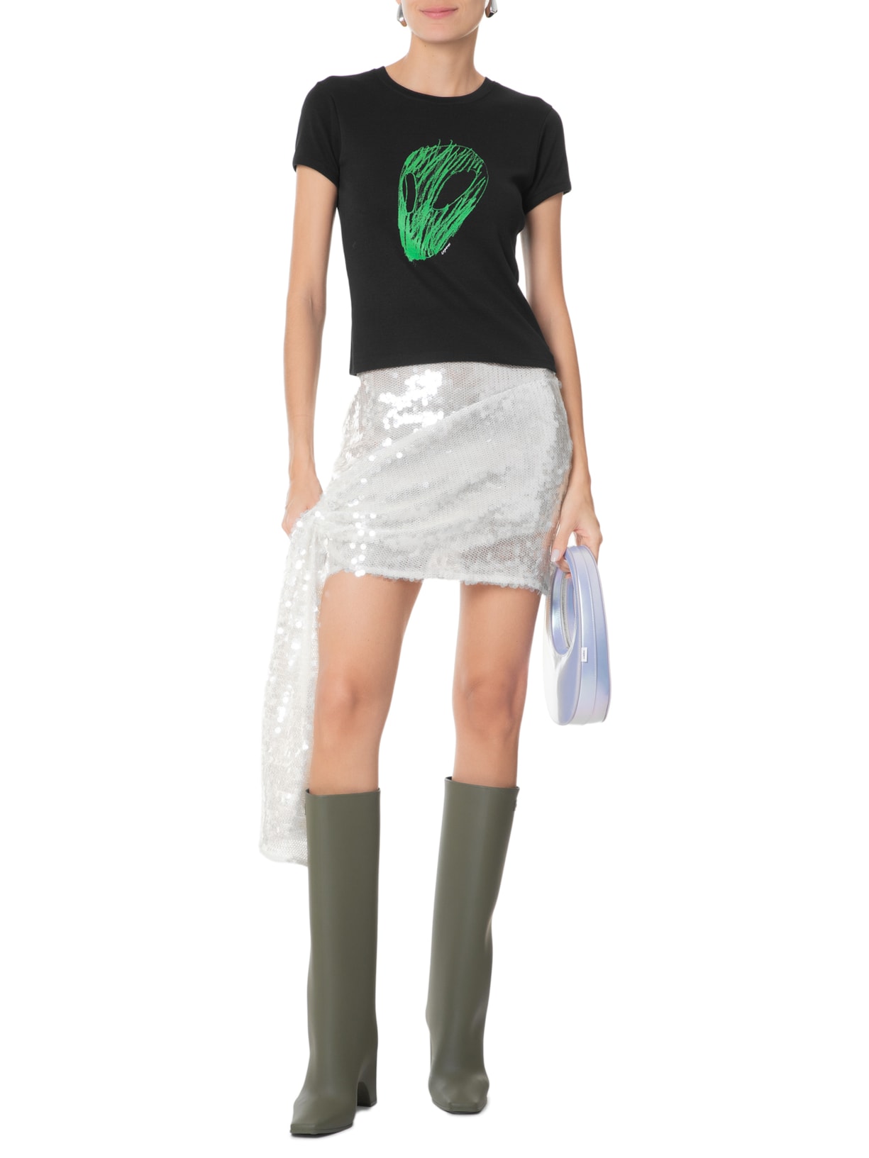Camiseta Feminina Slim Fit Alien Head Print Preto Coperni