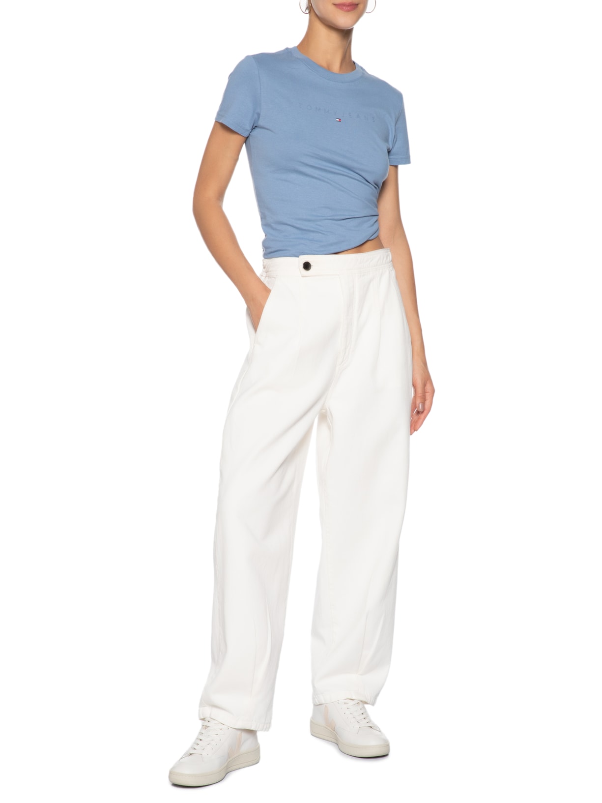 Camiseta Feminina Slim Tonal Linear Tee Ext Azul Tommy Jeans