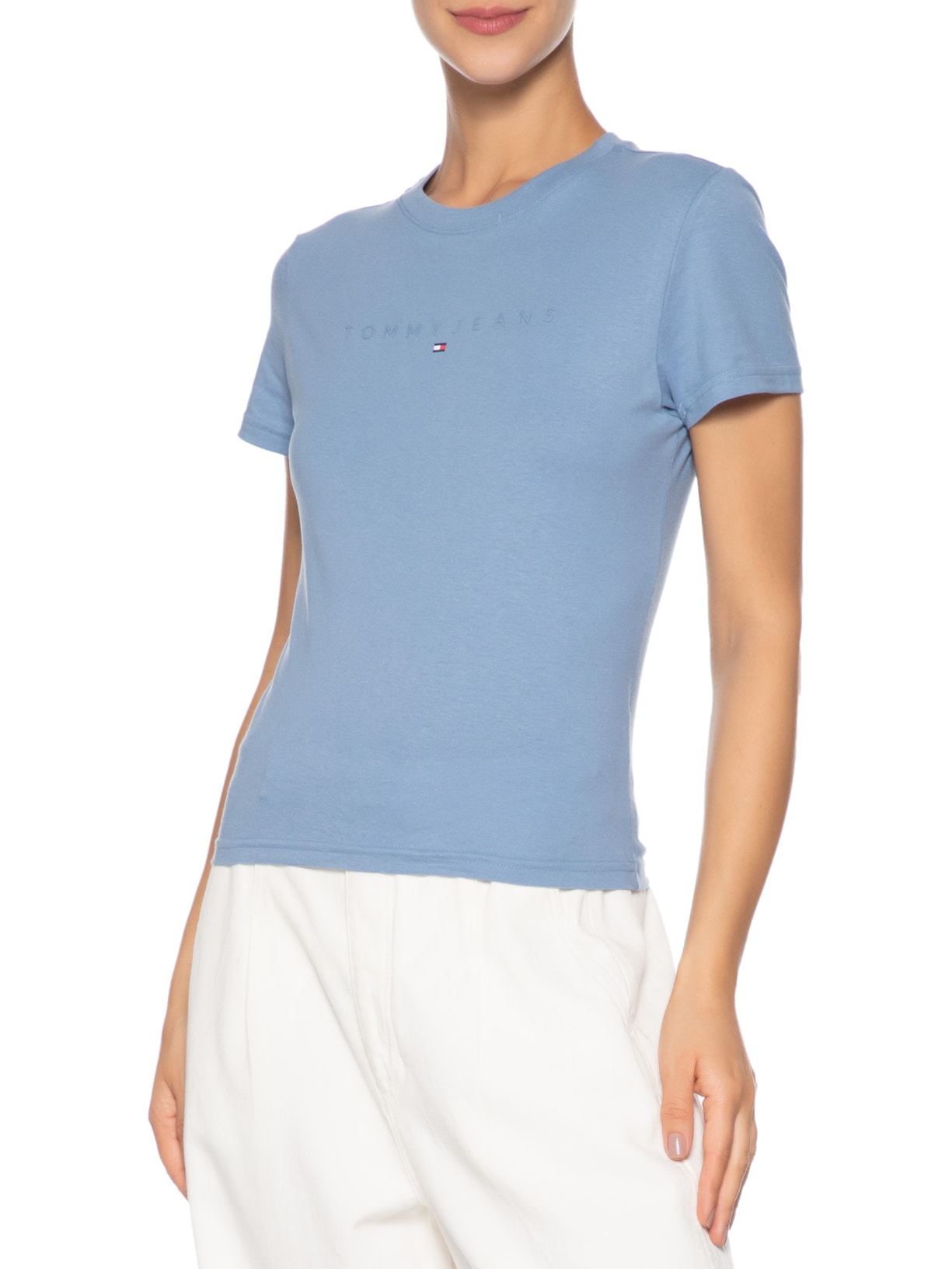 Camiseta Feminina Slim Tonal Linear Tee Ext Azul Tommy Jeans