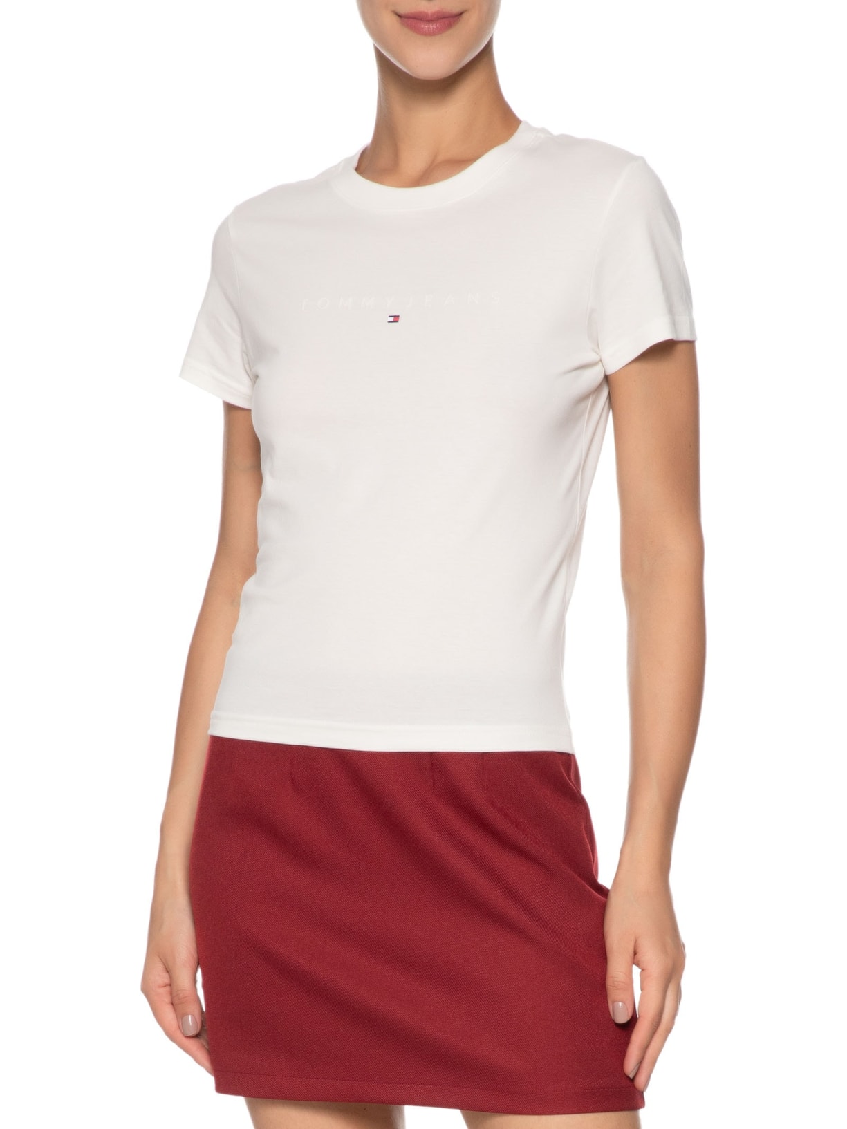 Camiseta Feminina Slim Tonal Linear Tee Ext Branco Tommy Jeans
