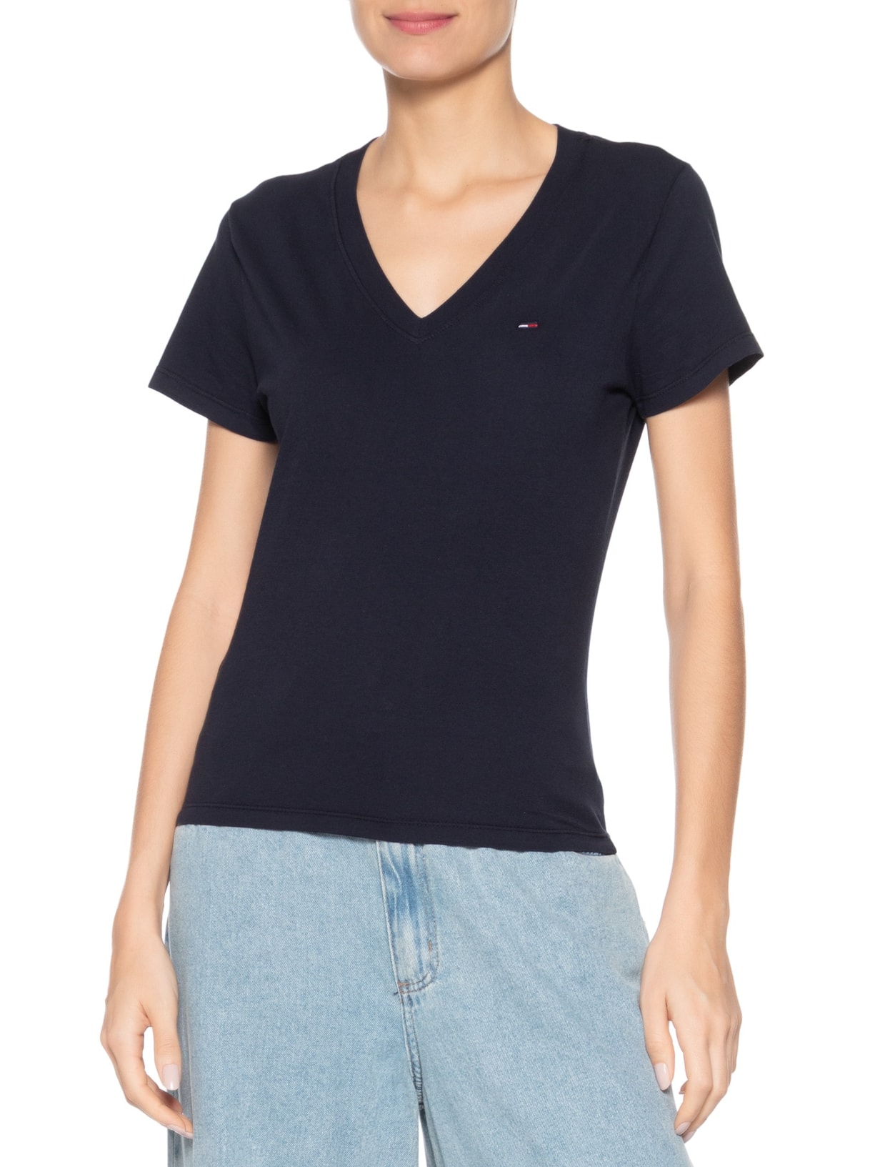 Camiseta Feminina Slim V-neck Tee Azul Tommy Jeans