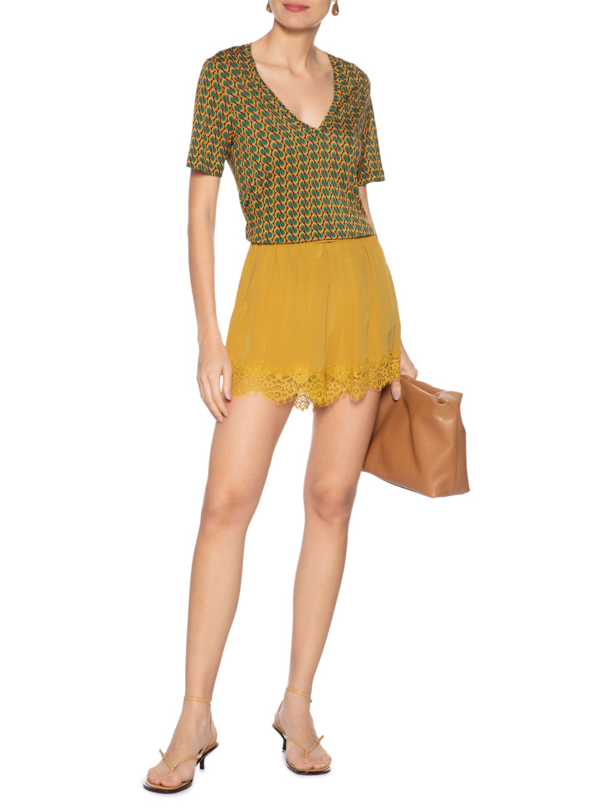 Camiseta Feminina Tee Decote V Manga Curta Geo Paletine Color Verde Animale