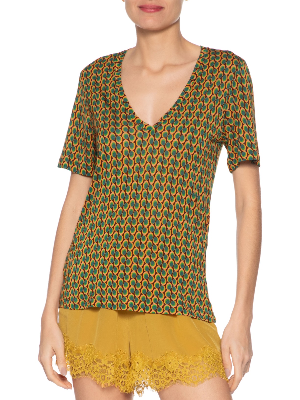 Camiseta Feminina Tee Decote V Manga Curta Geo Paletine Color Verde Animale