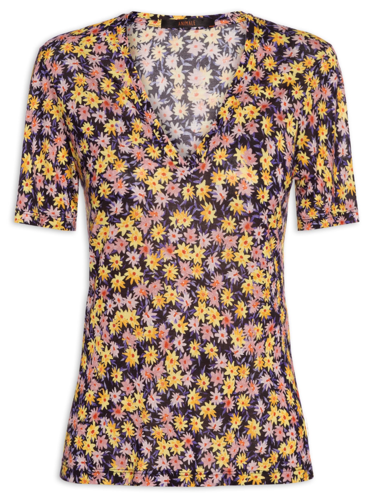 Camiseta Feminina Tee Decote V Manga Curta Liberty Arte - Rosa