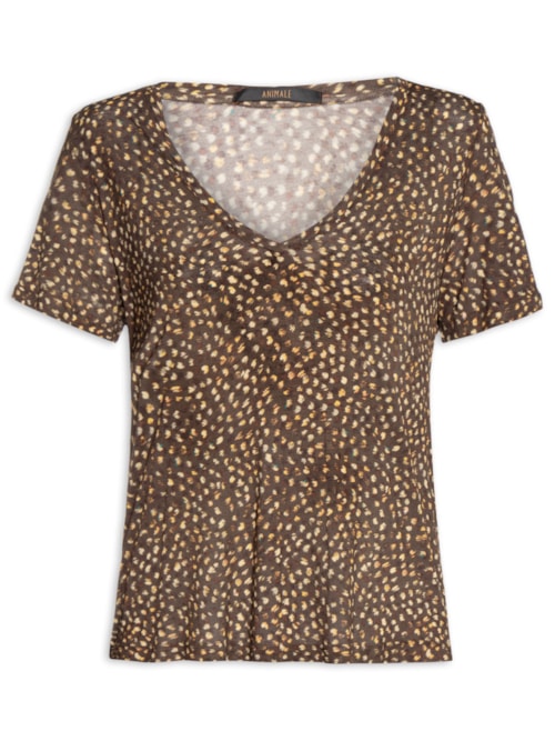 Camiseta Feminina Tee Decote V Manga Curta Textura Selva - Marrom