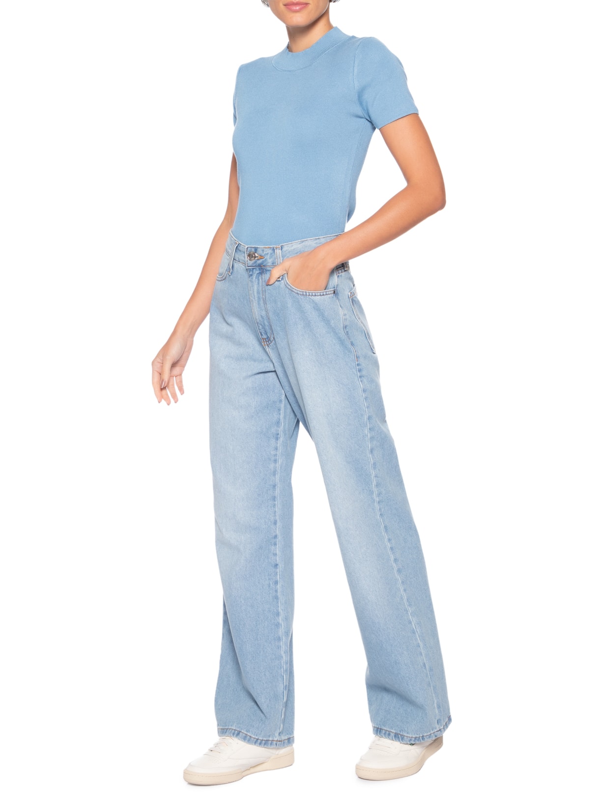 Camiseta Feminina Tricot Básica Azul Basiq