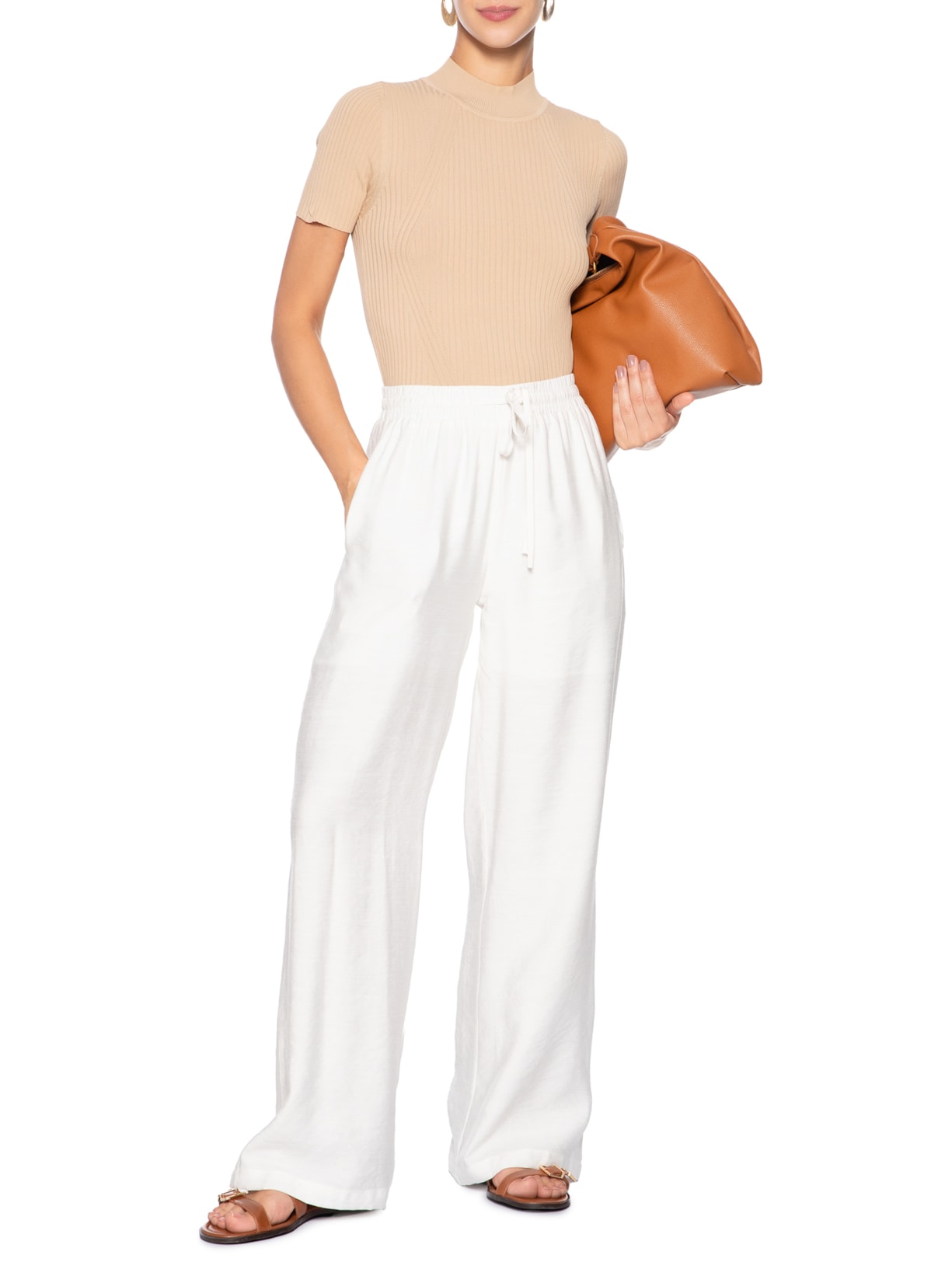 Camiseta Feminina Tricot Básica Bege Basiq