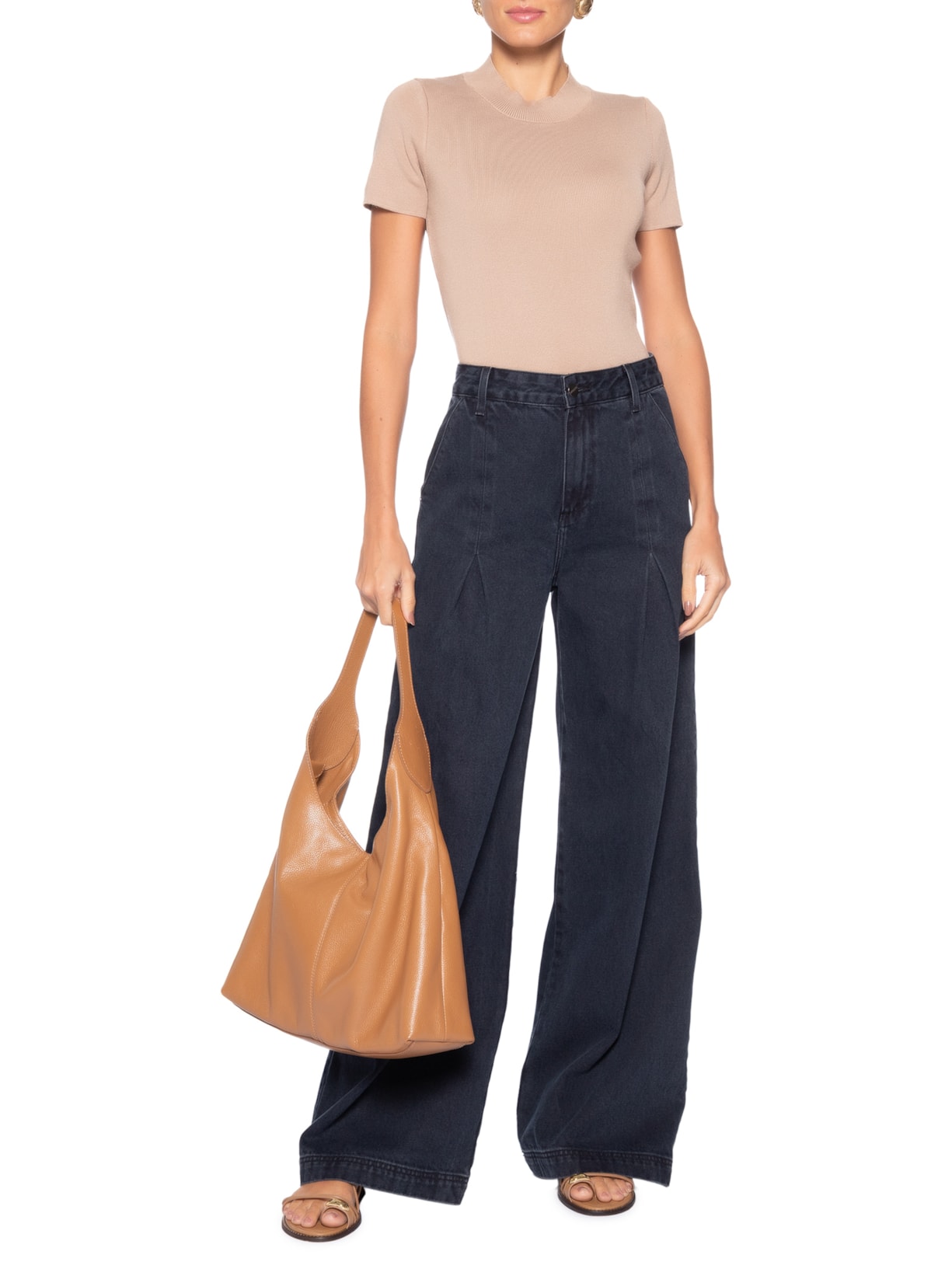 Camiseta Feminina Tricot Básica Bege Basiq