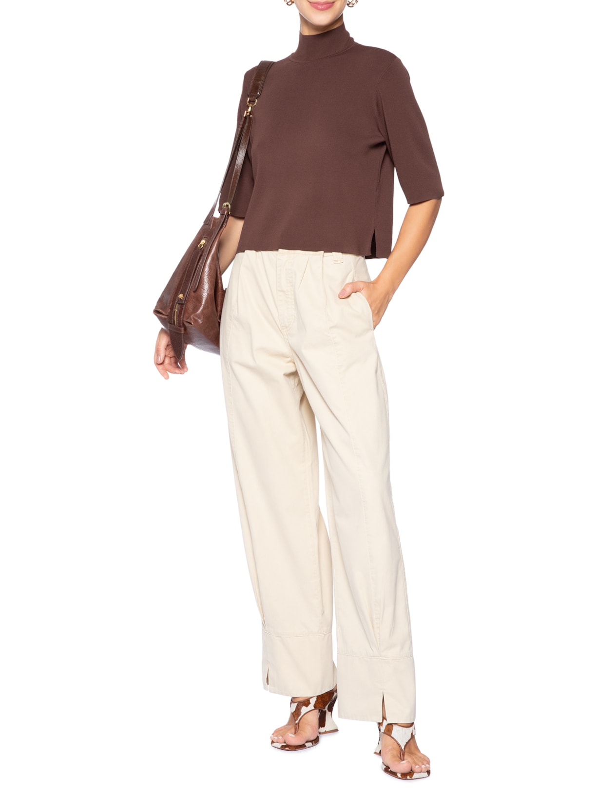 Camiseta Feminina Tricot Básica Gola Alta Color Marrom Animale