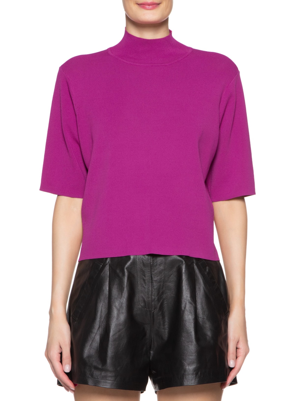 Camiseta Feminina Tricot Básica Gola Alta Fucsia Rosa Animale