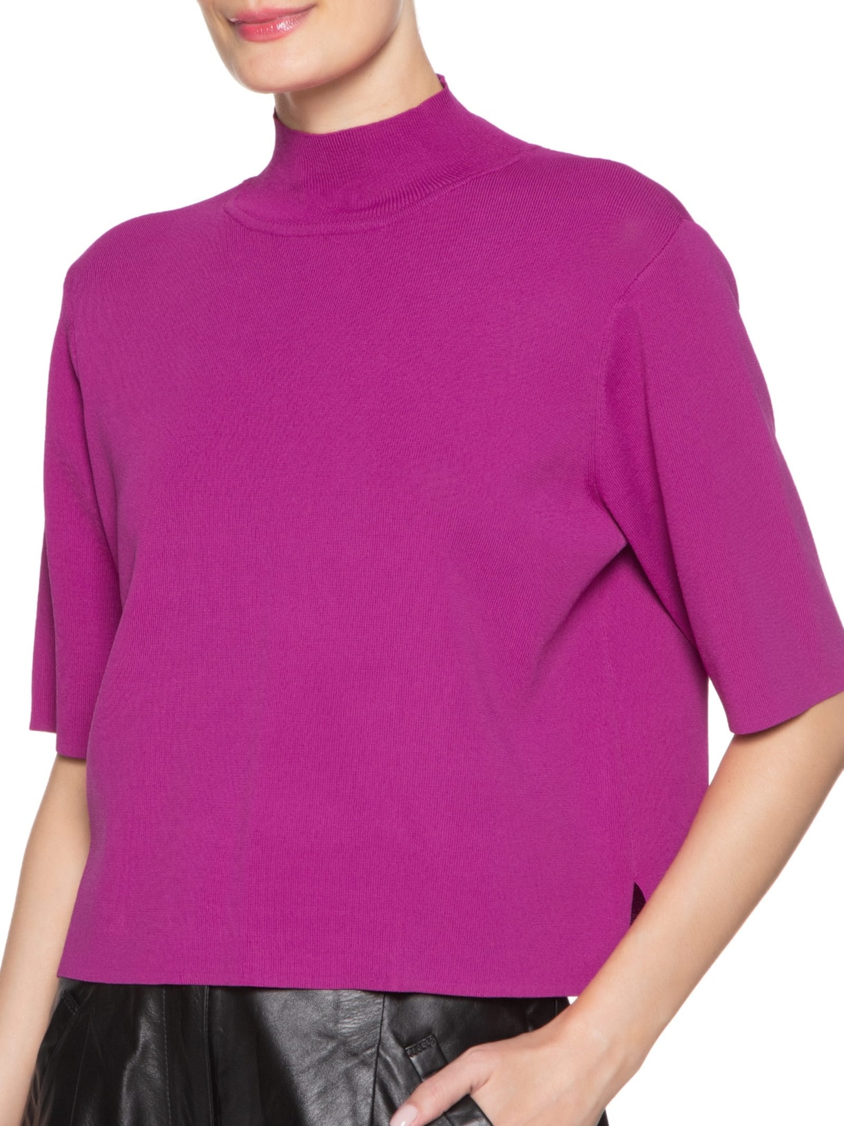 Camiseta Feminina Tricot Básica Gola Alta Fucsia Rosa Animale