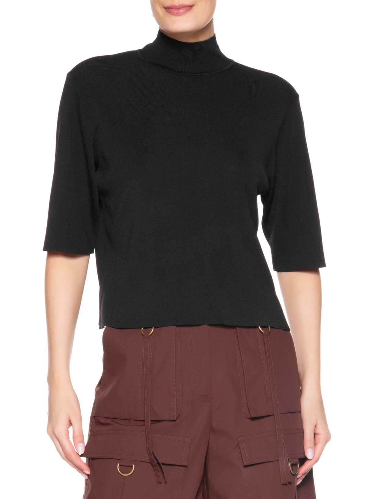 Camiseta Feminina Tricot Básica Gola Alta Preto Animale