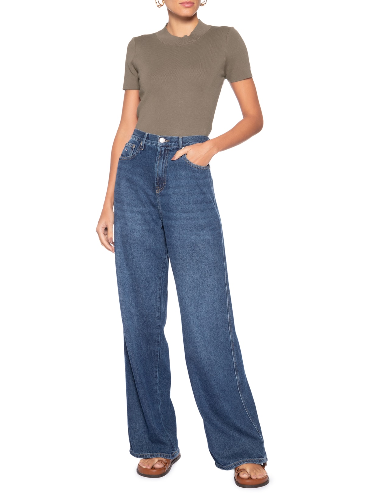 Camiseta Feminina Tricot Básica Marrom Basiq