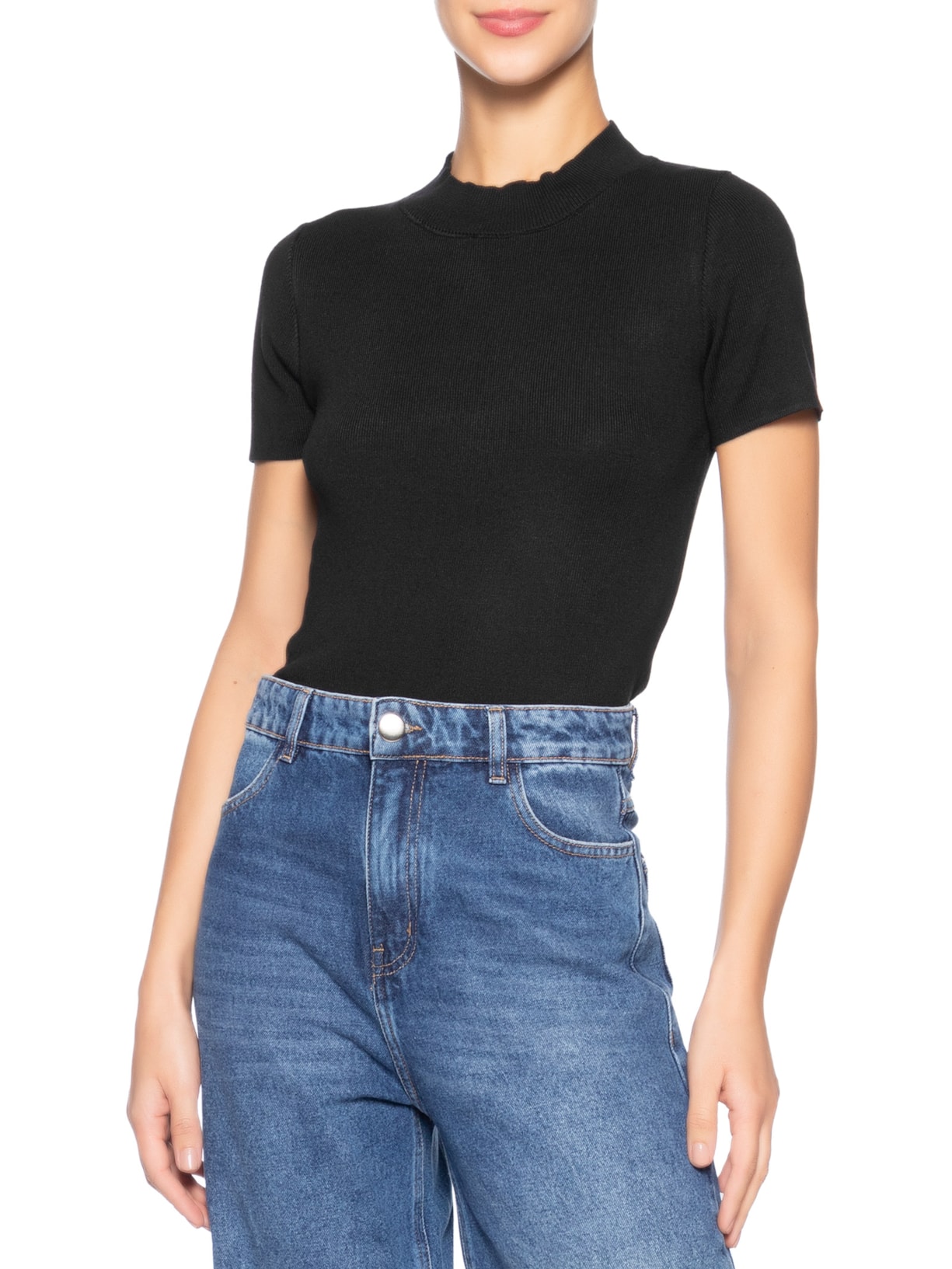 Camiseta Feminina Tricot Básica Preto Basiq