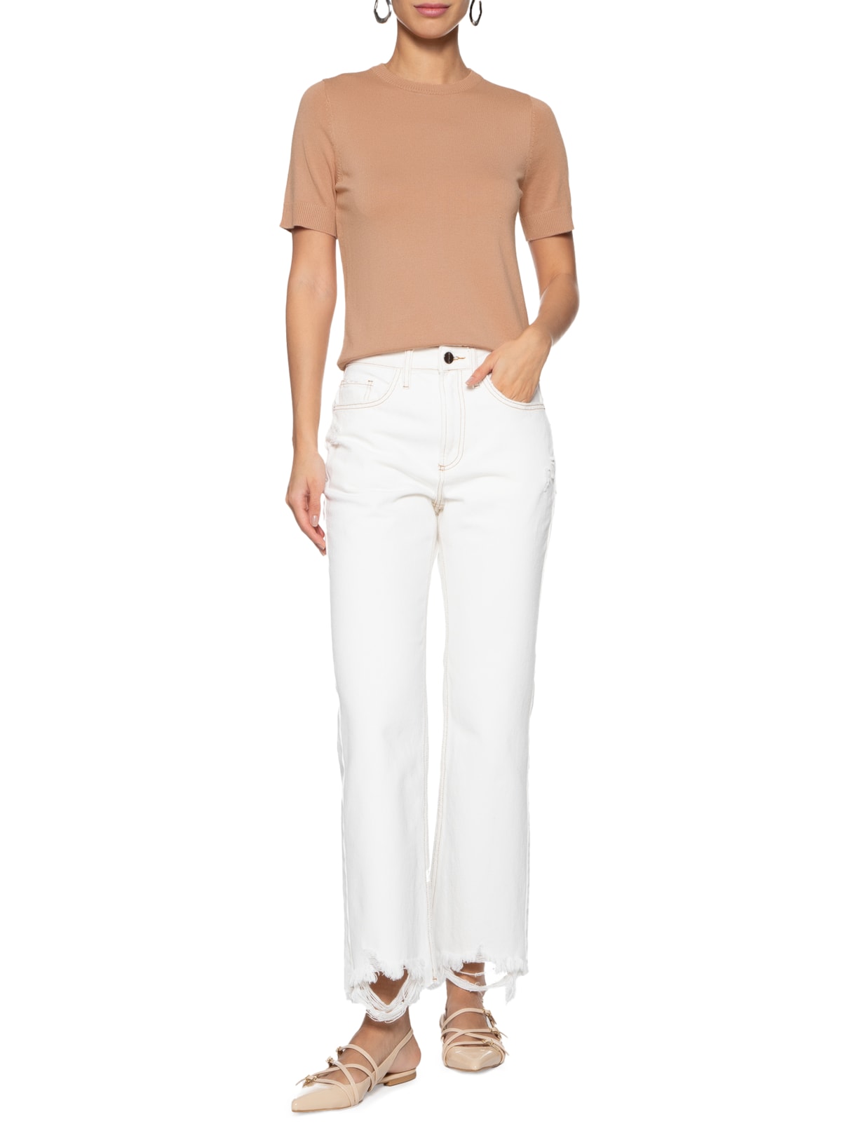 Camiseta Feminina Tricot Básico Marrom Shoulder