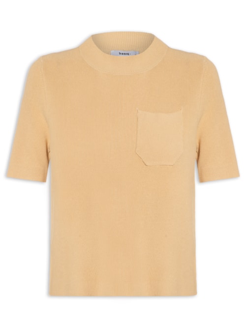 Camiseta Feminina Tricot Com Bolso - Bege