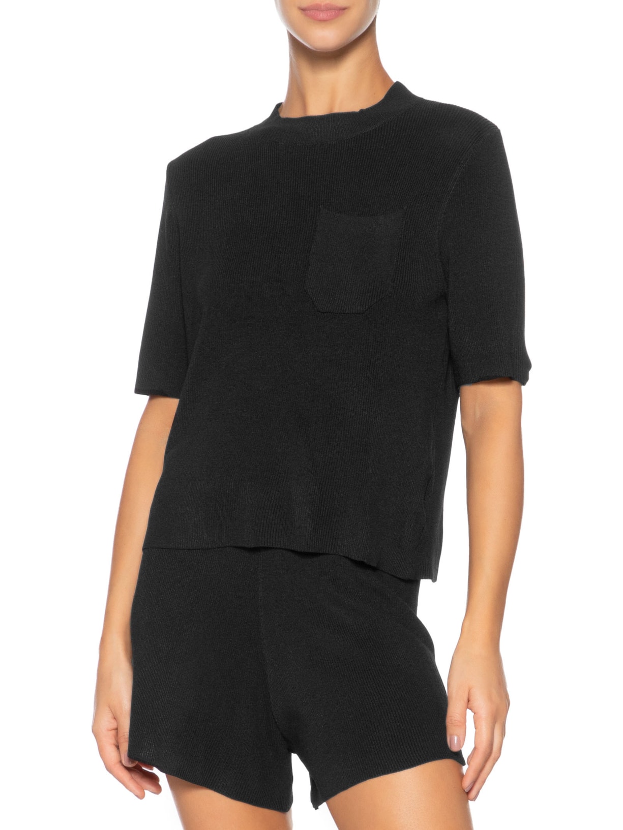 Camiseta Feminina Tricot Com Bolso Preto Basiq