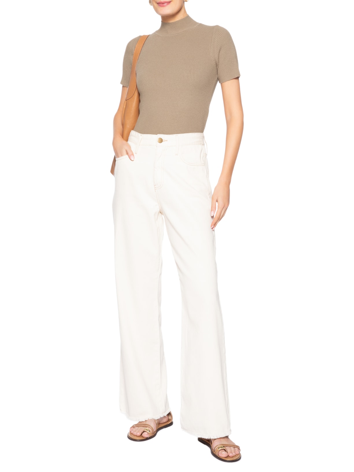 Camiseta Feminina Tricot Cropped Básica Bege Basiq