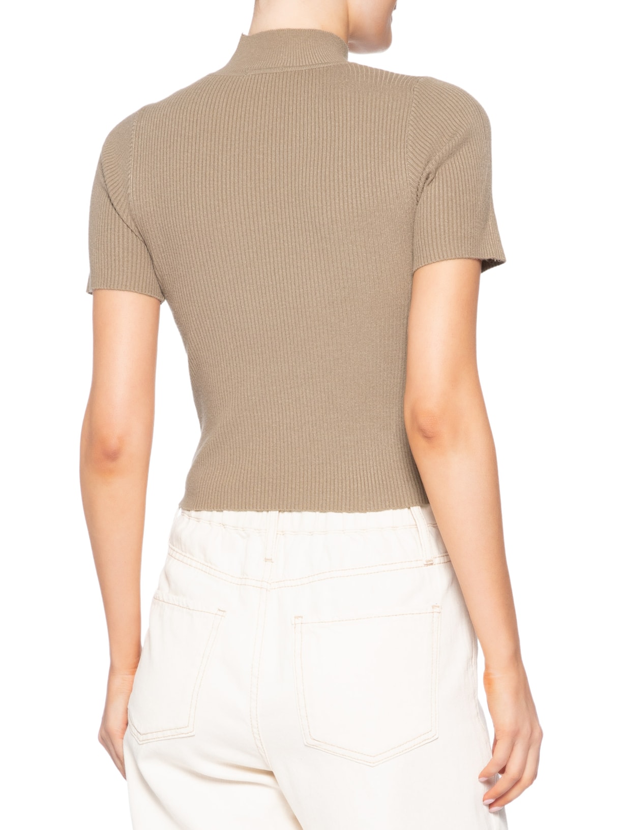 Camiseta Feminina Tricot Cropped Básica Bege Basiq