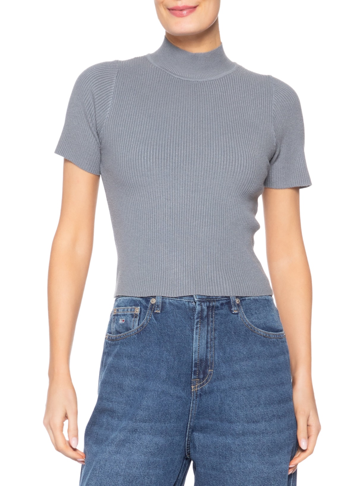 Camiseta Feminina Tricot Cropped Básica Cinza Basiq