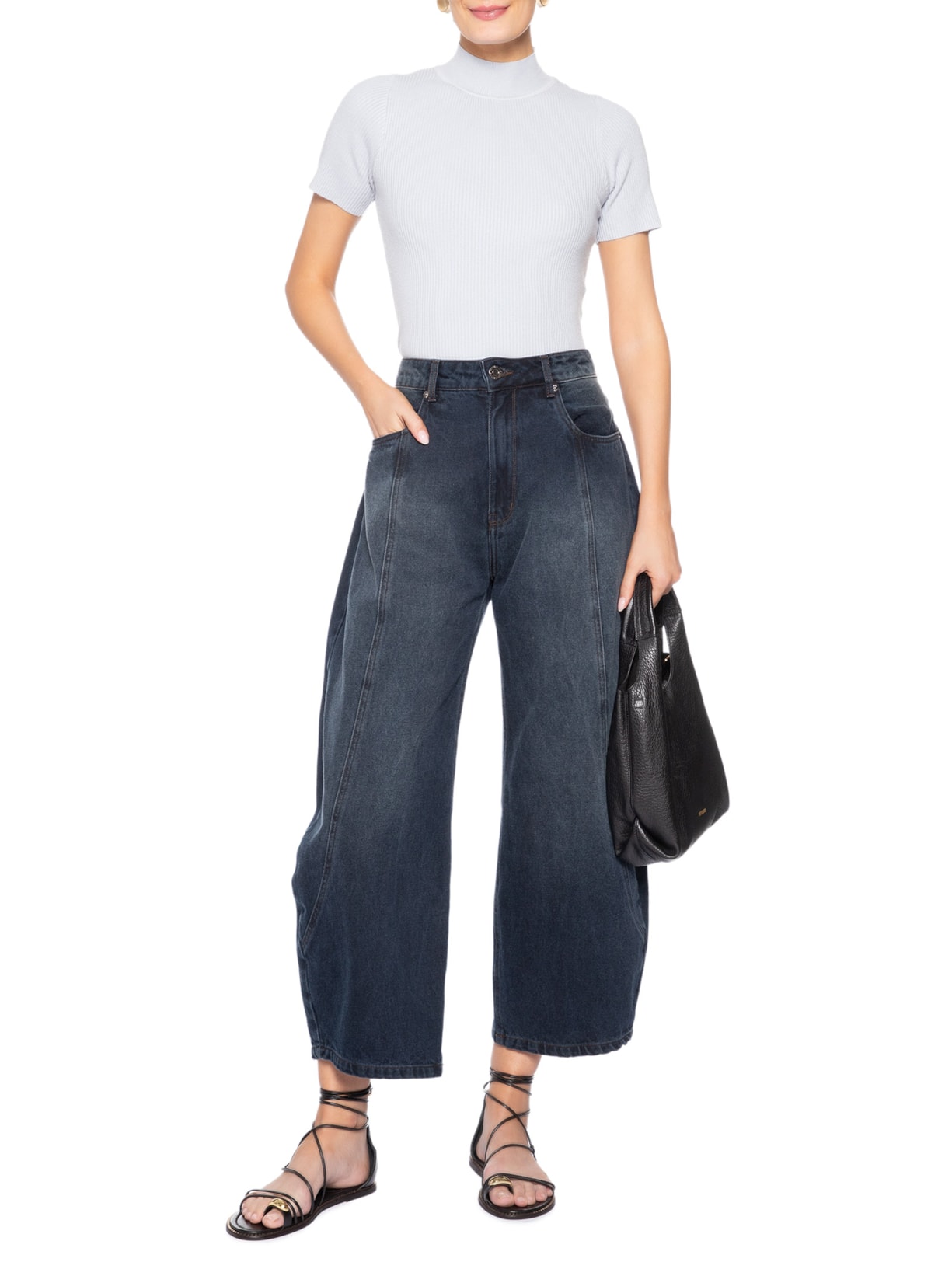 Camiseta Feminina Tricot Cropped Básica Cinza Basiq