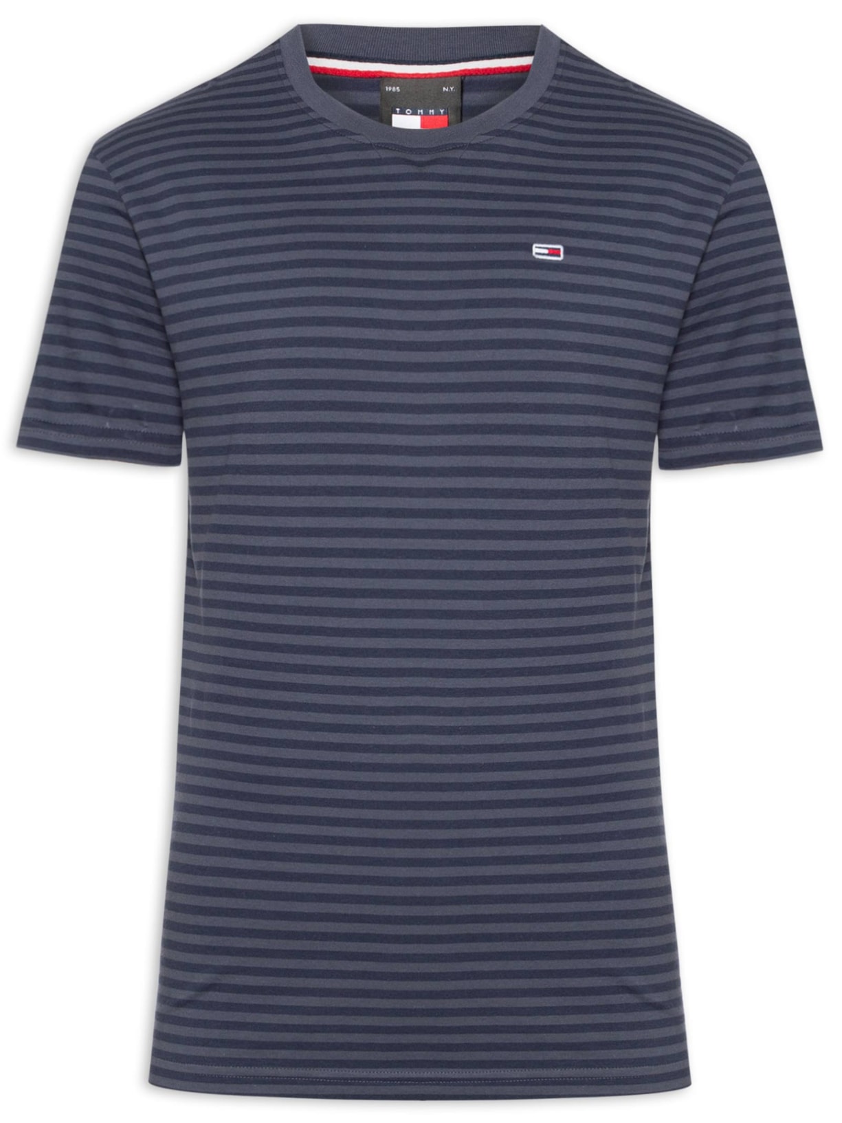 Camiseta Masculina Bandeira Bordada Regular Fit Listrada Em Algodão Azul Tommy Jeans