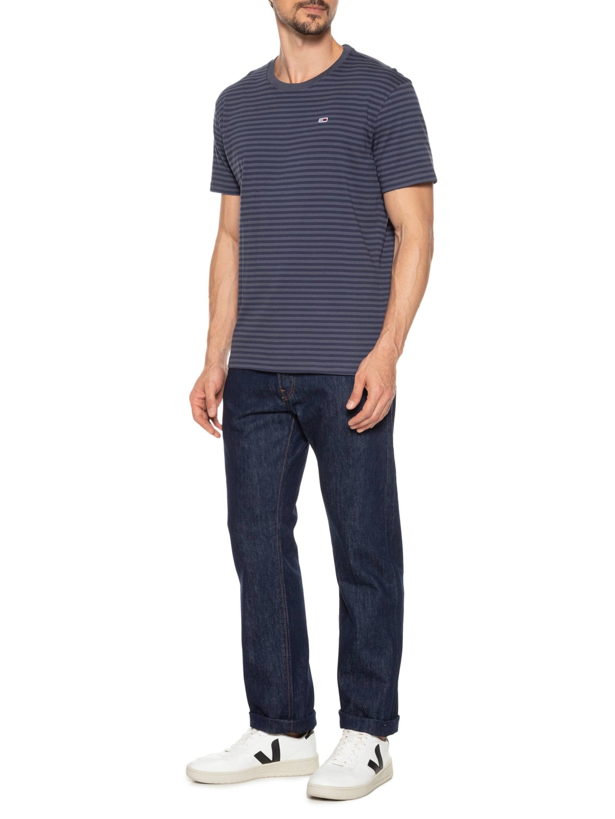 Camiseta Masculina Bandeira Bordada Regular Fit Listrada Em Algodão Azul Tommy Jeans