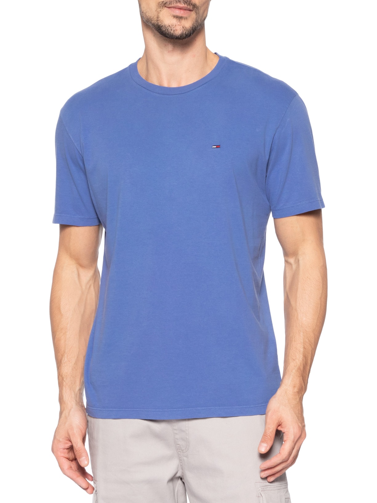 Camiseta Masculina Básica Bandeira Alongada Regular Fit Em Algodão Azul Tommy Jeans