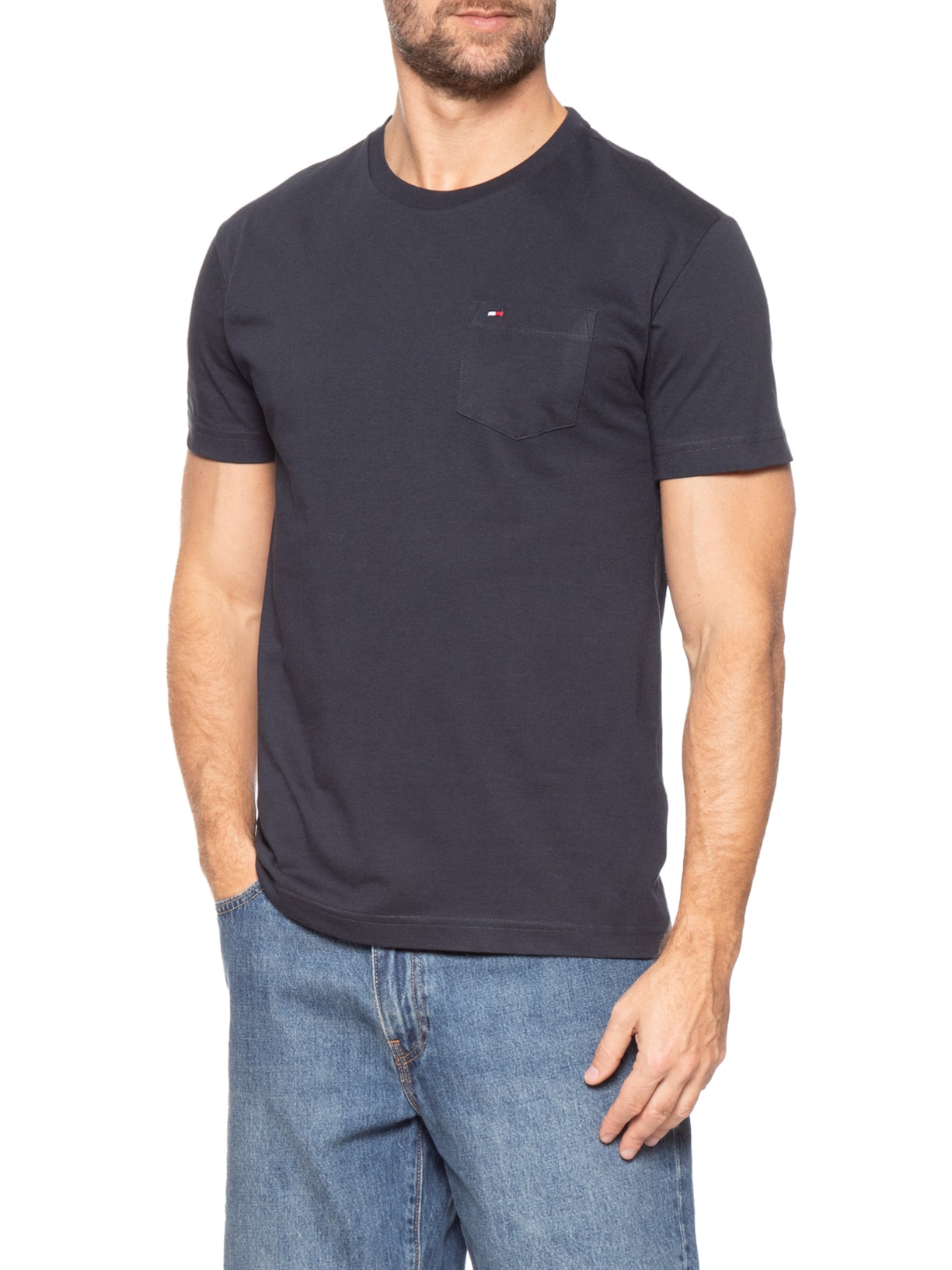 Camiseta Masculina Básica Com Bolso Regular Fit Em Algodão Azul Tommy Hilfiger