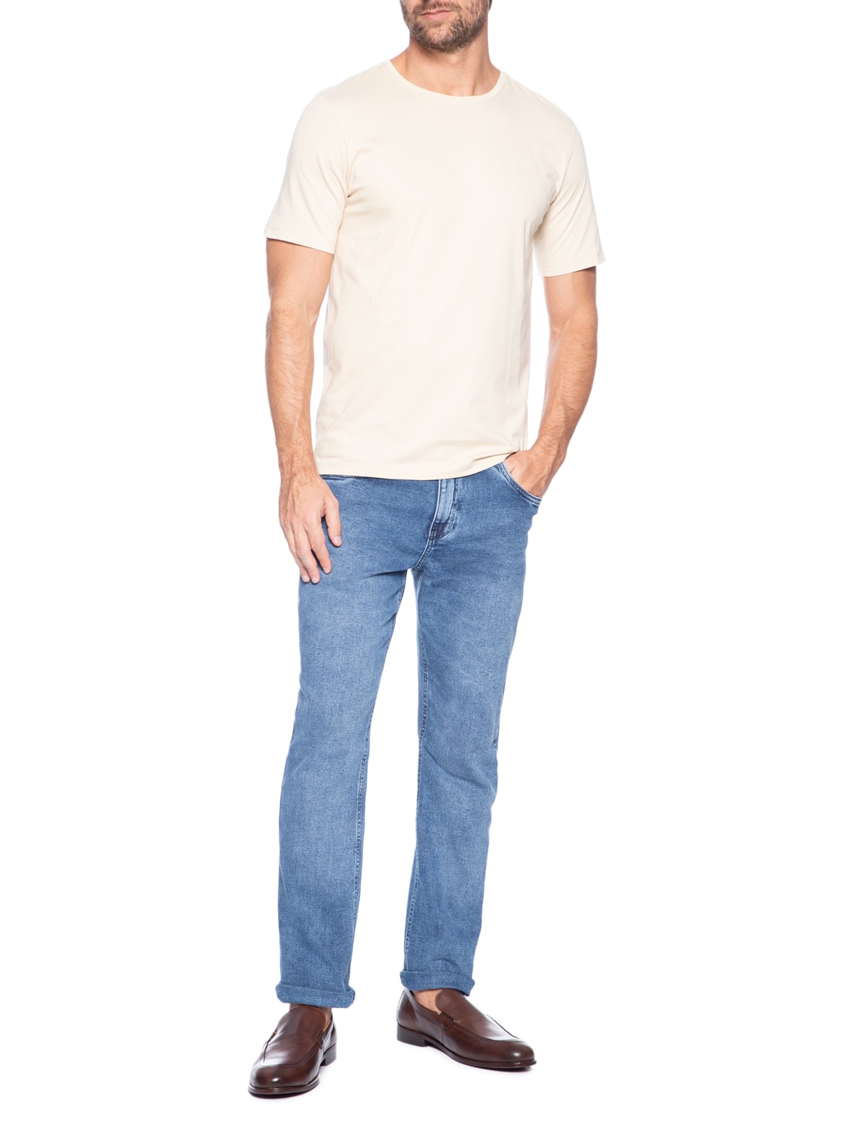 Camiseta Masculina Básica De Algodão Gola Careca Bege Sergio K