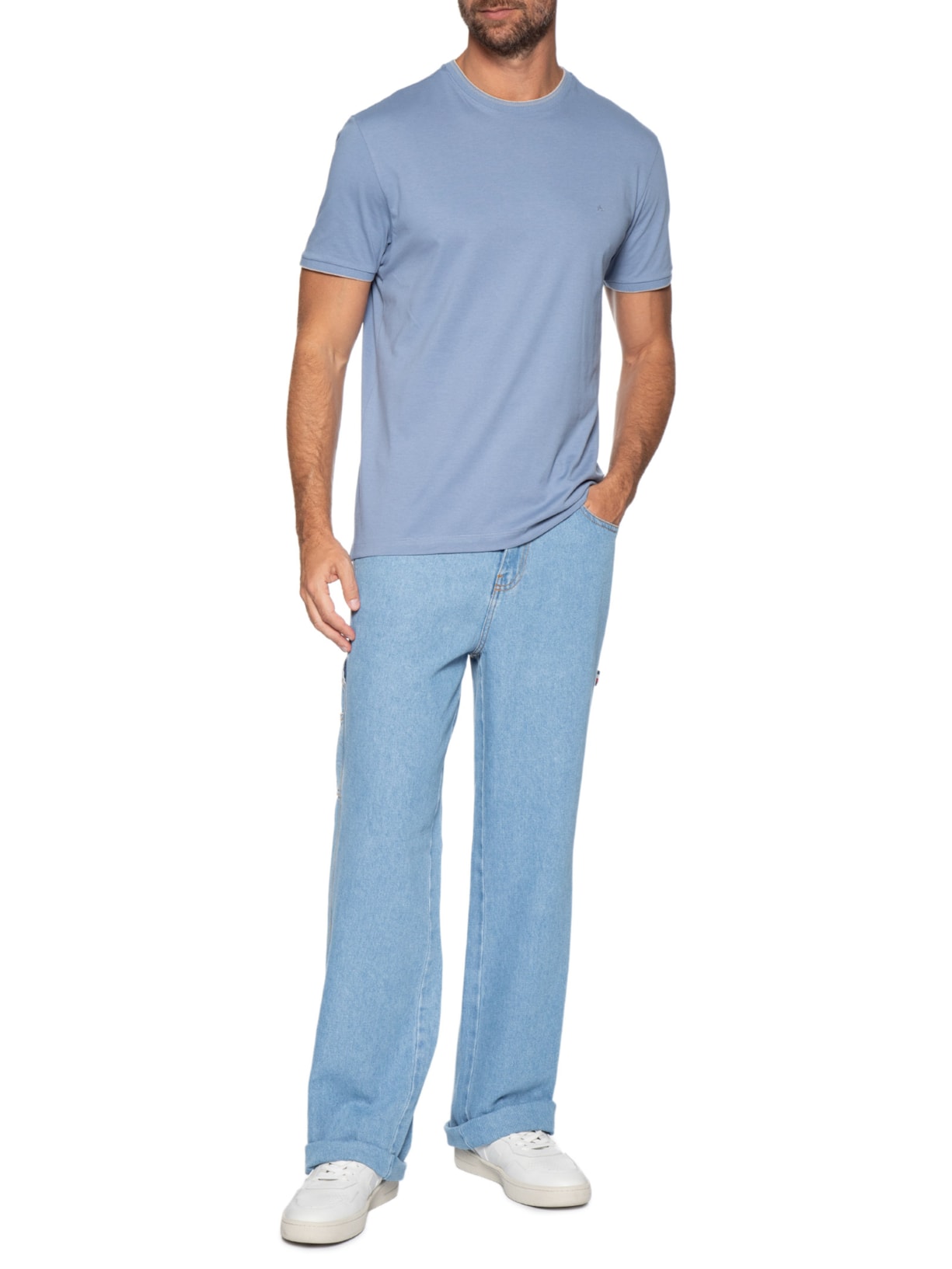 Camiseta Masculina Básica Friso Na Gola Azul Aramis