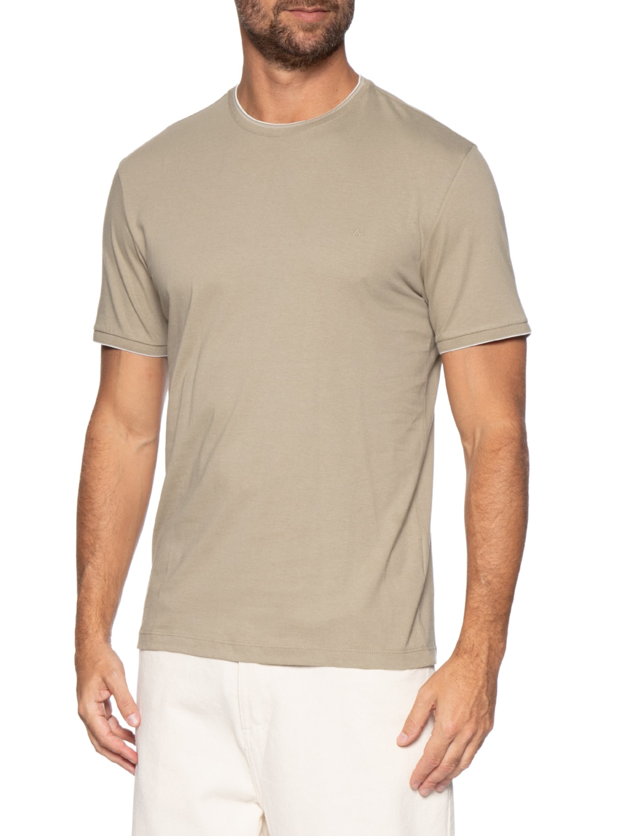 Camiseta Masculina Básica Friso Na Gola Bege Aramis