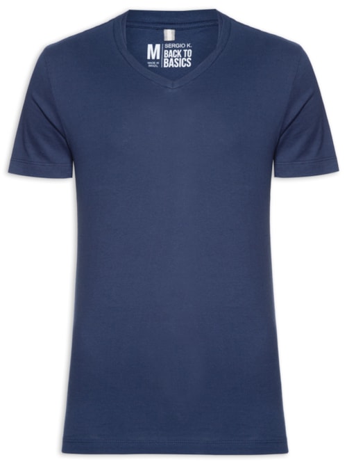 Camiseta Masculina Básica Gola V Em Algodão - Azul