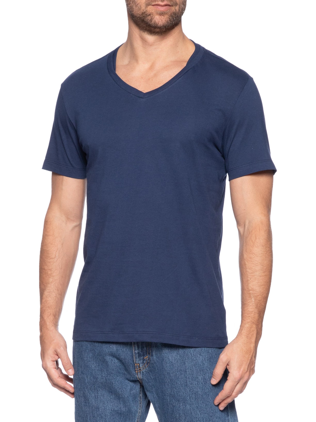 Camiseta Masculina Básica Gola V Em Algodão Azul Sergio K