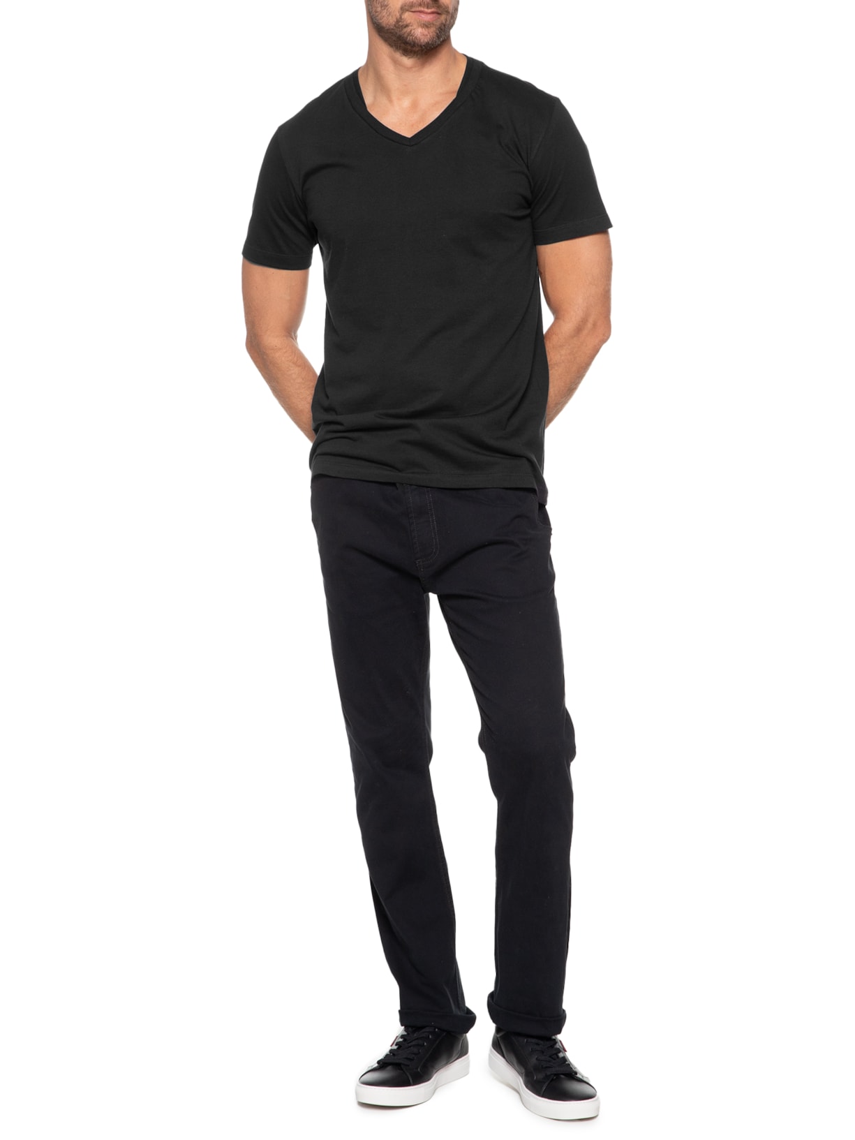 Camiseta Masculina Básica Gola V Em Algodão Preto Sergio K