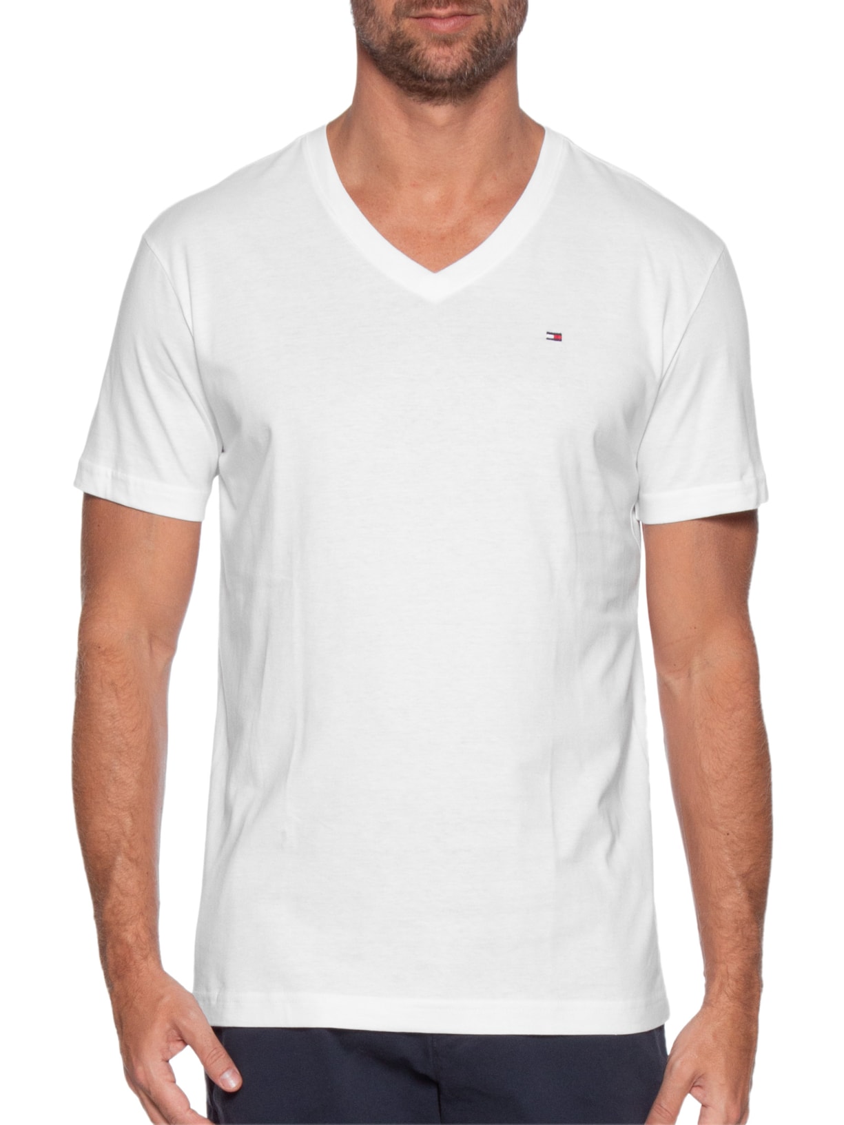 Camiseta Masculina Básica Gola V Regular Fit Em Algodão Branco Tommy Hilfiger