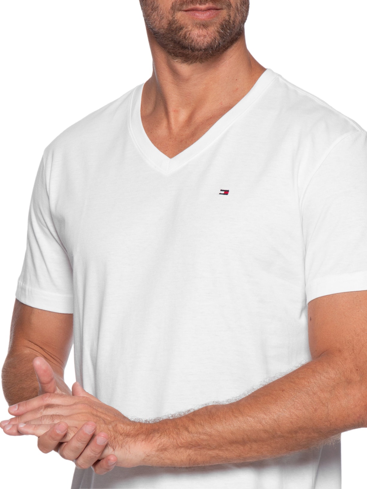 Camiseta Masculina Básica Gola V Regular Fit Em Algodão Branco Tommy Hilfiger