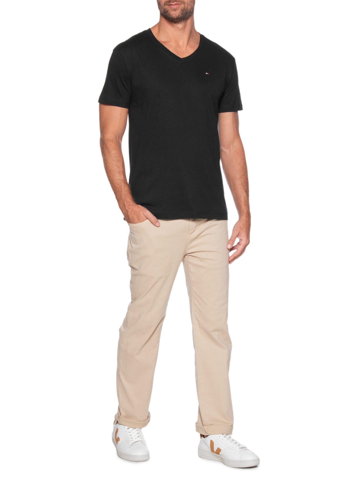 Camiseta Masculina Básica Gola V Regular Fit Em Algodão Preto Tommy Hilfiger
