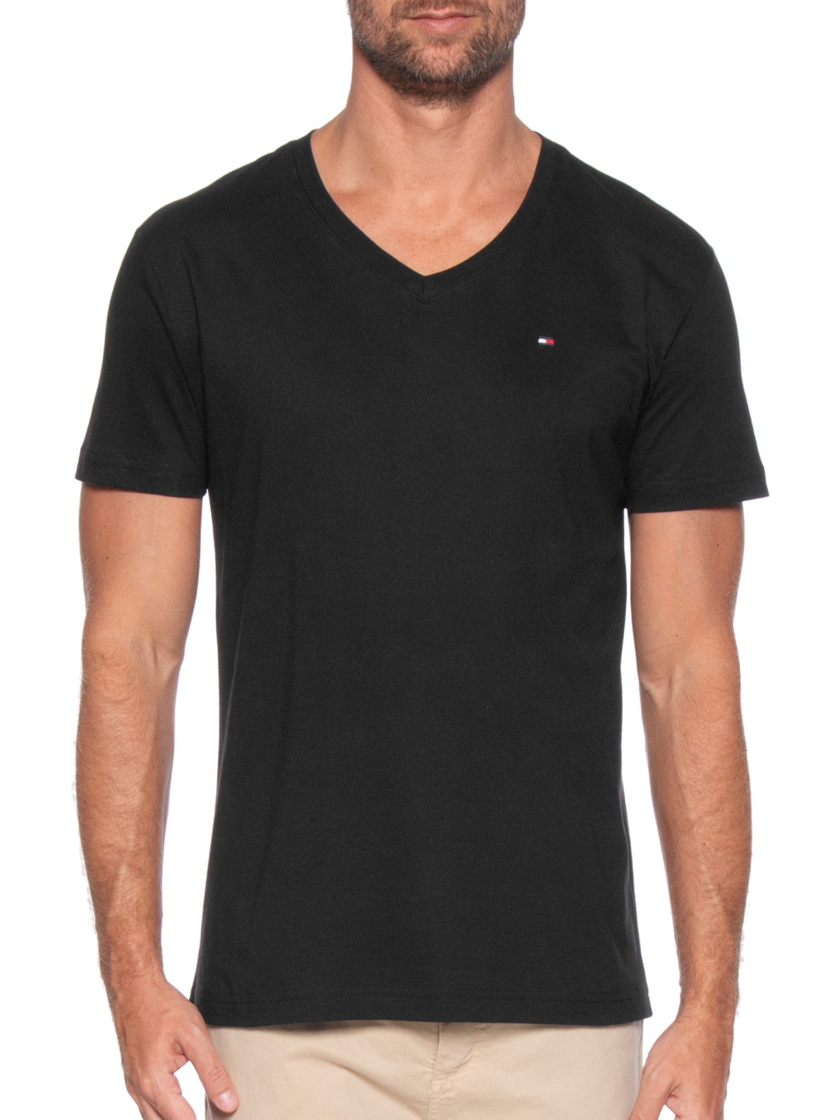 Camiseta Masculina Básica Gola V Regular Fit Em Algodão Preto Tommy Hilfiger