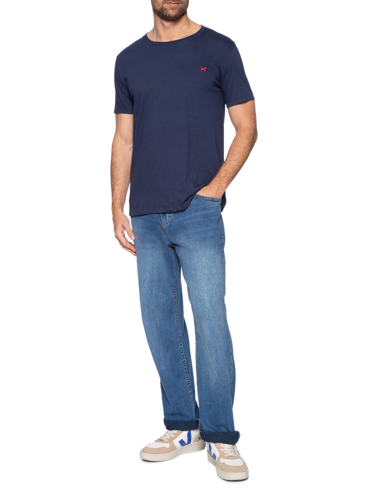 Camiseta Masculina Básica Peixe Bordado World Azul Hering