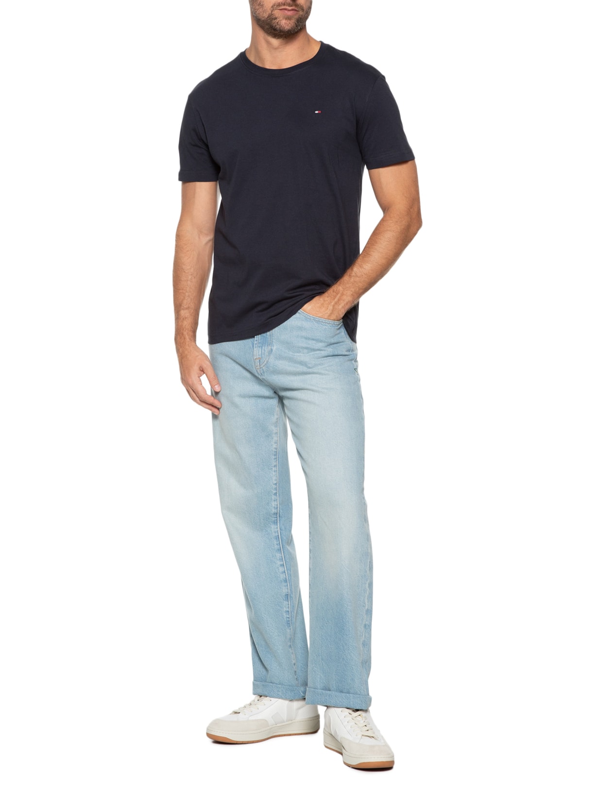 Camiseta Masculina Básica Regular Fit Em Algodão Azul Tommy Hilfiger