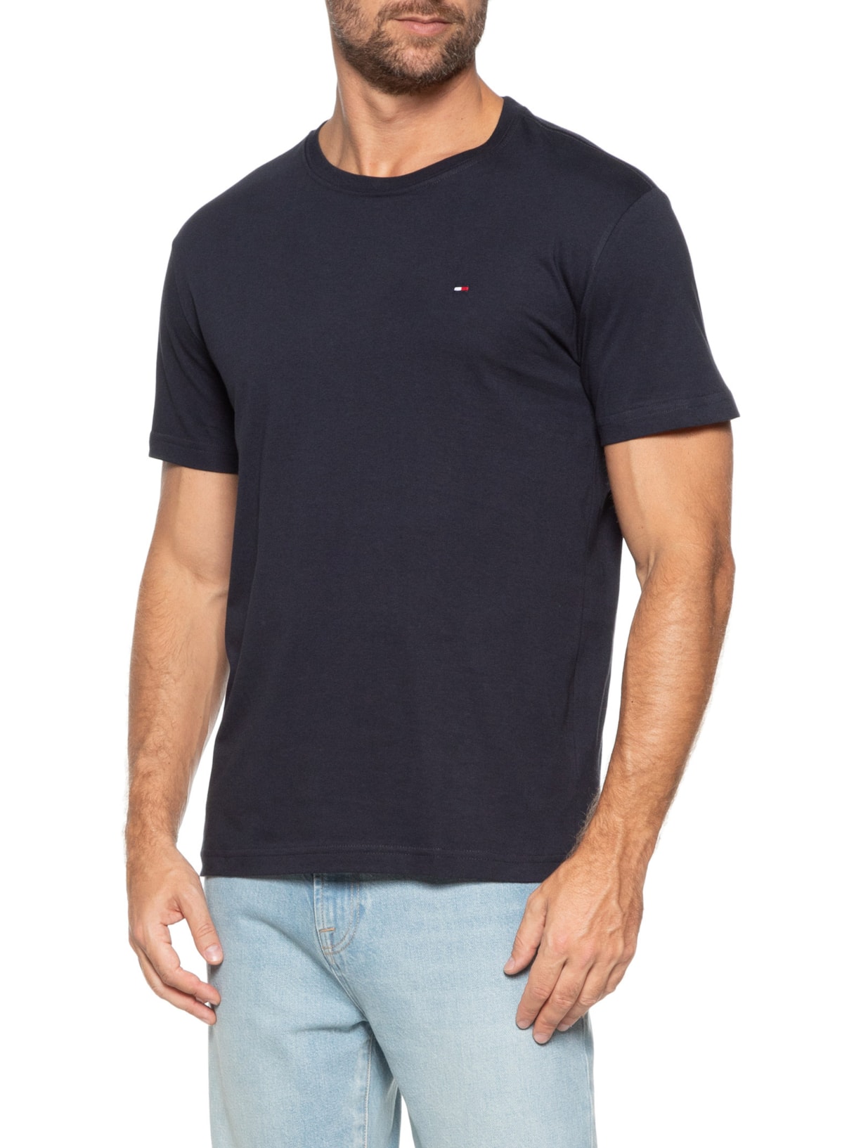 Camiseta Masculina Básica Regular Fit Em Algodão Azul Tommy Hilfiger