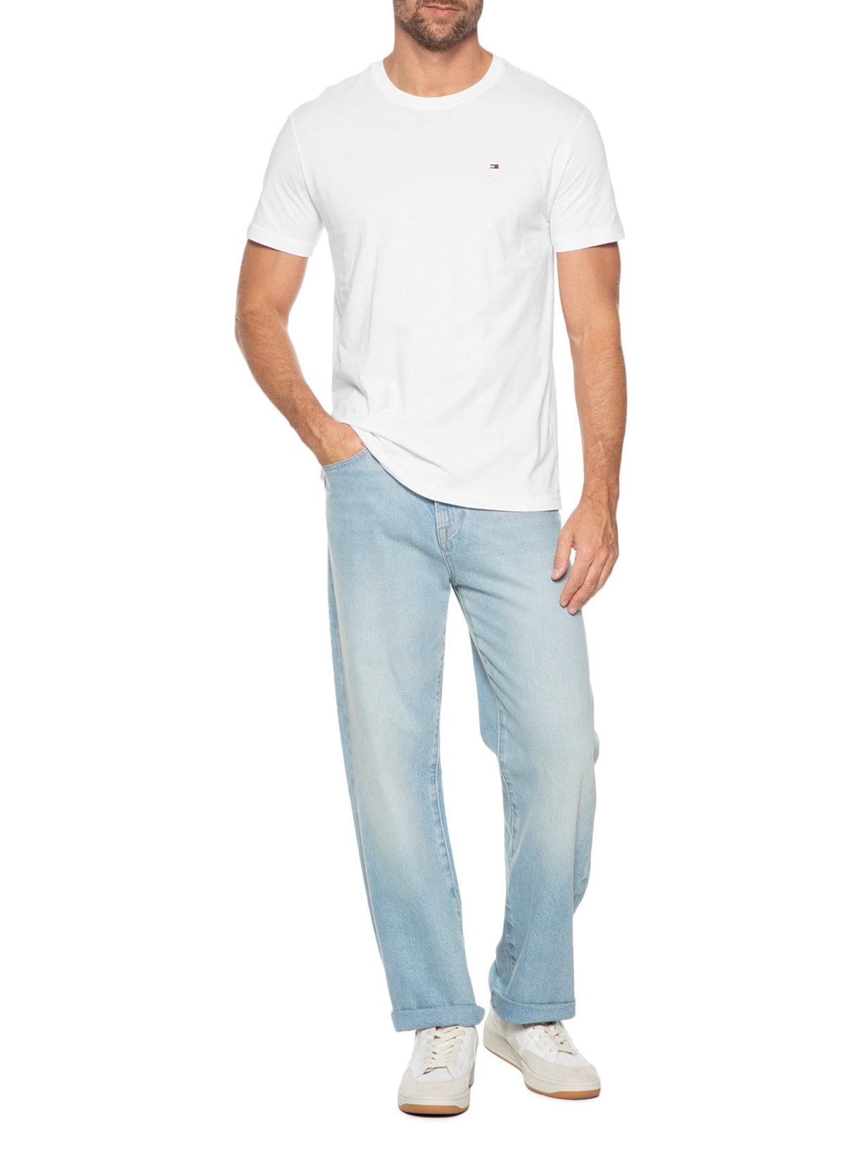 Camiseta Masculina Básica Regular Fit Em Algodão Branco Tommy Hilfiger